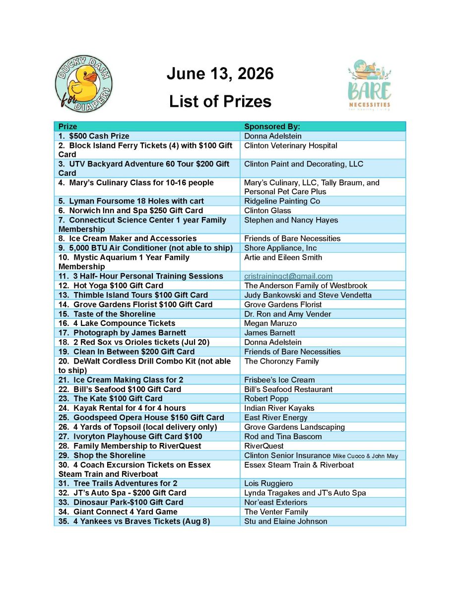 2026 Ducky Dash List of Prizes